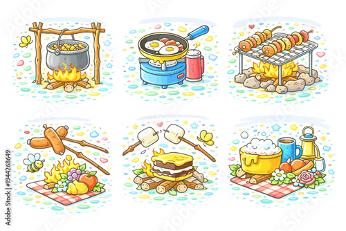Colorful campfire cooking scenes: pot, skewers, eggs, marshmallows, and picnic setup.