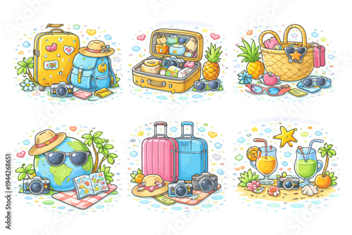 Colorful travel essentials and tropical vacation icons for adventure planning.