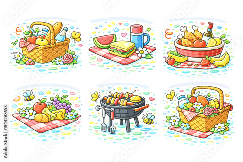 Colorful picnic scenes with baskets, fruit, grill, and sandwiches.