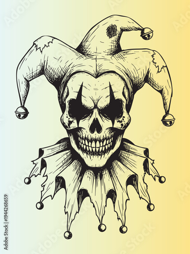Creepyjesterskullillustrationwithhatandbellsisolateddesign