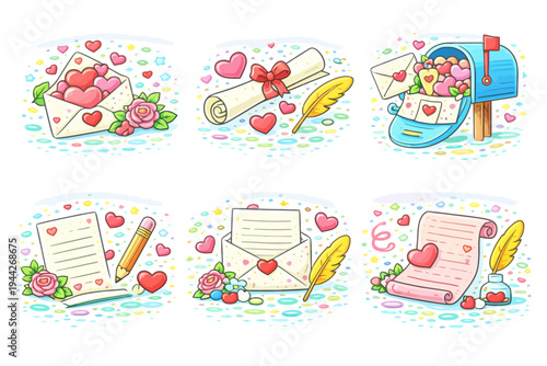 Cute love letters and mailbox with hearts and roses in colorful illustration.