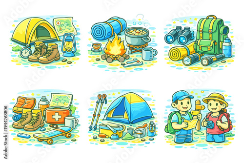 Cartoon camping essentials and activities with equipment and children outdoors.