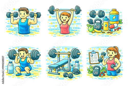 Cartoon fitness scenes with people exercising and nutrition icons.