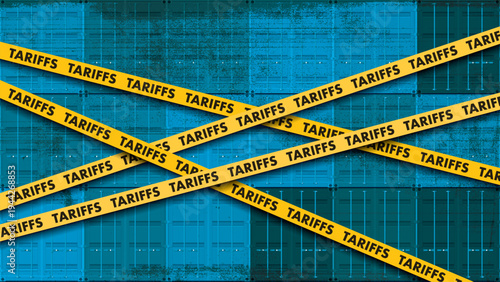 Shipping containers stacked background with ink stains from risograph defect printing blocked by tariffs symbolized warning tape