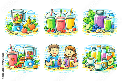 Colorful smoothies with fruits and vegetables, children drinking, healthy lifestyle.