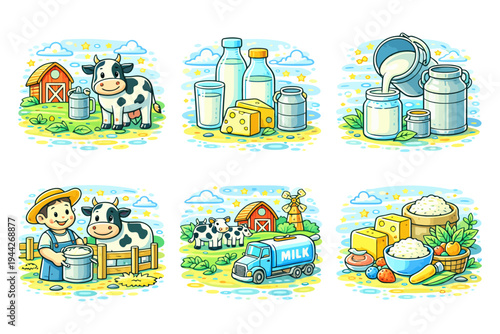 Farm to table: dairy process and products illustrated in whimsical cartoon.