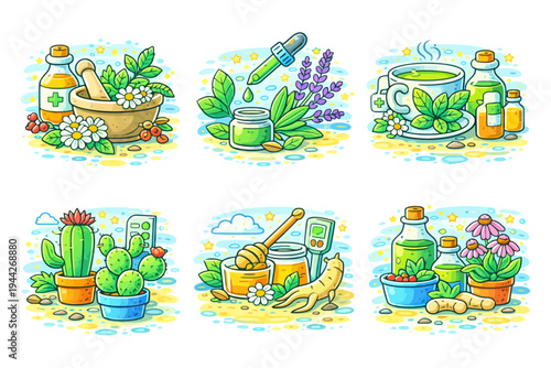 Herbal remedies collection: chamomile, lavender, green tea, cacti, honey, ginseng, echinacea.