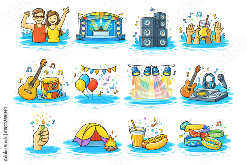 Colorful music festival with concert, dance, and camping elements.