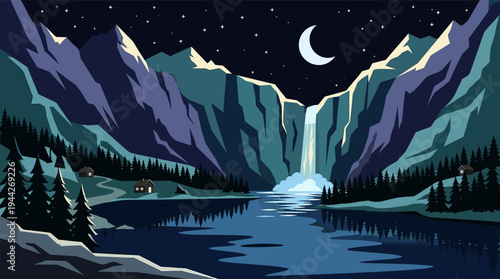 Vector illustration of a serene mountain landscape with a waterfall, two cabins, a reflective lake under a starry night sky and crescent moon.