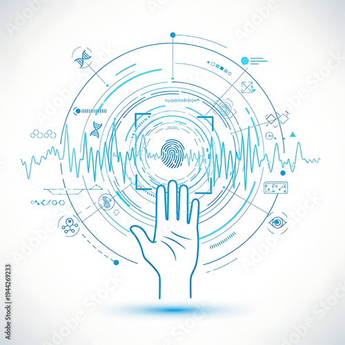 Hand Touching Digital Fingerprint Scanner Interface.