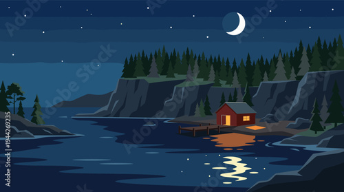 Peaceful vector illustration of a red cabin nestled on a lake shore at night, illuminated by a crescent moon and stars, evoking feelings of tranquility and escape.
