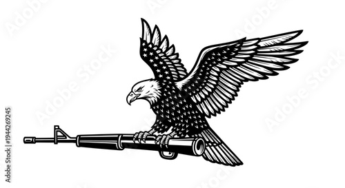 Vigilant eagle with outstretched wings holding a rifle.