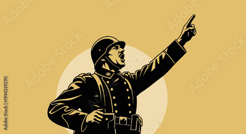 A man in a uniform pointing upwards.