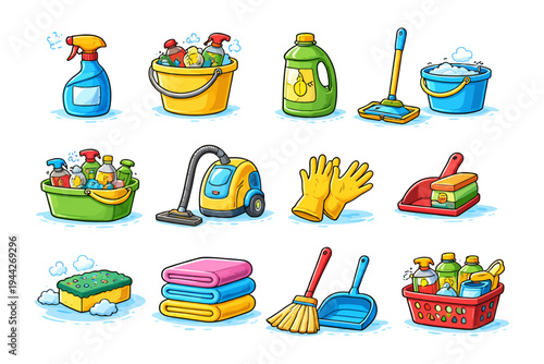 Colorful collection of cleaning supplies and tools for household chores.