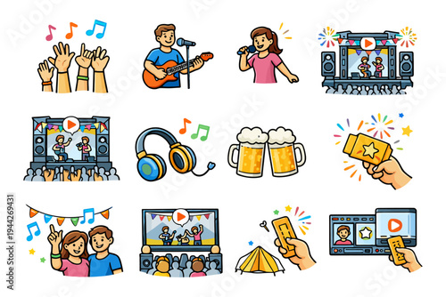 Music festival icons: crowd stage performers headphones tickets concert.
