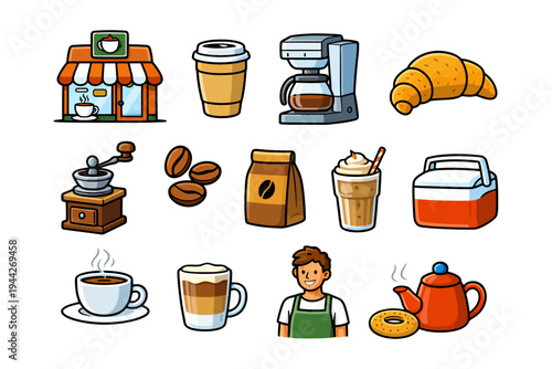 Coffee shop icons: cafe, coffee cup, espresso machine, cappuccino, barista art.