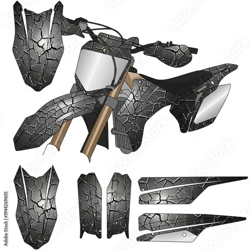 Motorcycle Body Parts with Cracked Paint Design.
