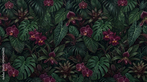 Seamless tropical leaves and orchid jungle botanical pattern