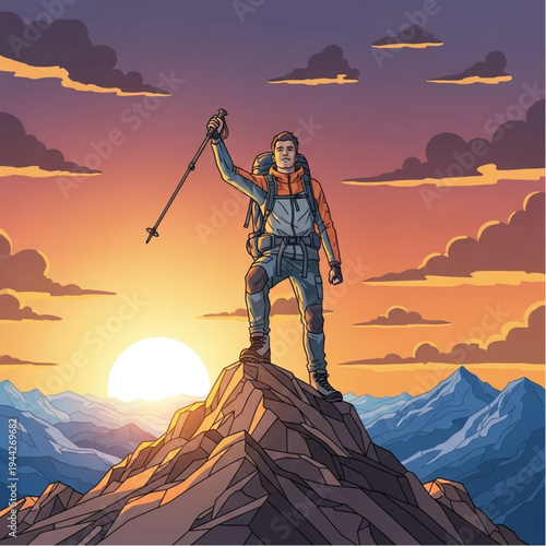 Illustration of Hiker Standing on Mountain Peak.