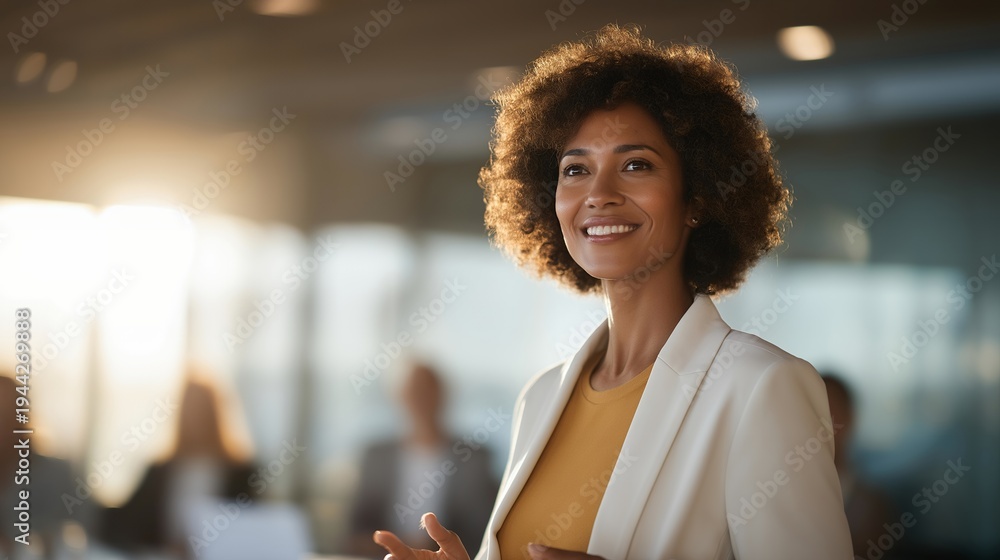 custom made wallpaper toronto digitalWoman with vitiligo condition leading corporate presentation, confident body language while gesturing at screen, diverse colleagues listening attentively around conference table, spring sunlight