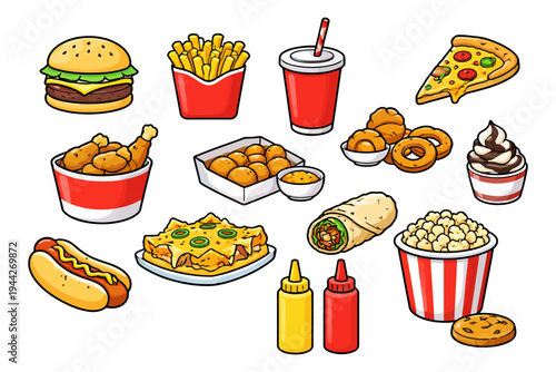 Colorful fast food selection including burger, pizza, and hot dog.