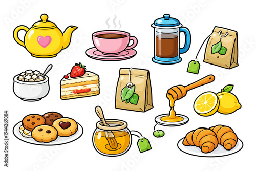 Colorful tea time collection with teapot, cup, sweets, and honey.
