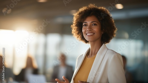 Wallpaper Mural Woman with vitiligo condition leading corporate presentation, confident body language while gesturing at screen, diverse colleagues listening attentively around conference table, spring sunlight Torontodigital.ca