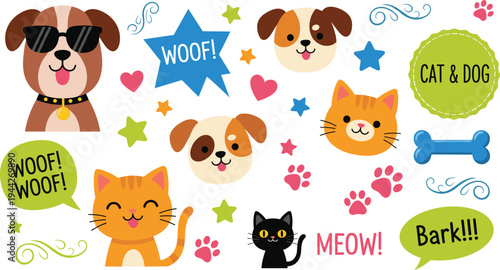 Cartoon Dogs and Cats with Playful Expressions, Paws, and Fun Speech Bubbles for Pet and Animal Designs