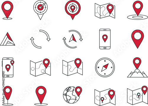 Map and navigation vector icon set containing location pin markers mobile gps tracking compass and world globe for travel apps