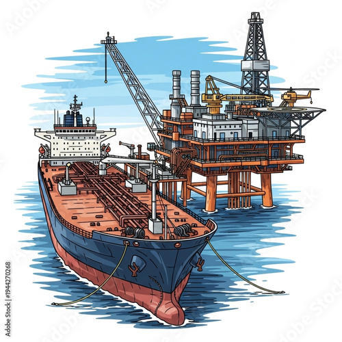 Oil Rig Platform with Supply Ship.