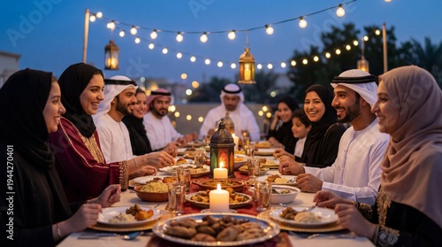 Large Muslim family gathering for Ramadan iftar dinner outdoors with lantern lights