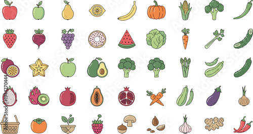 Collection of Colorful Fruits and Vegetables Including Apples, Avocados, Carrots, Broccoli, and More for Healthy Eating Designs