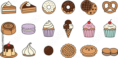 Collection of Sweet Treats and Desserts Including Cakes, Donuts, Ice Cream, Cupcakes, and Pastries for Bakery and Sweets Designs