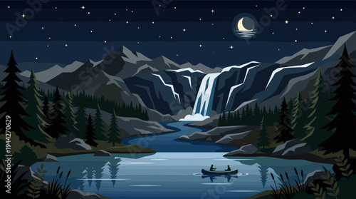 Two people canoe on a still lake beneath a stunning waterfall illuminated by moonlight and a starry night sky in a stylized vector illustration landscape.