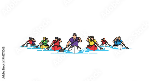 Group of Athletes Competing in a Dynamic Canoe Race on Water
