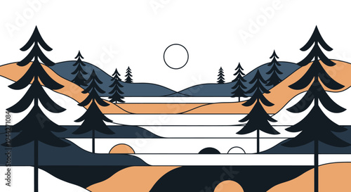 Minimalist Forest Landscape with Abstract Geometric Shapes and Stylized Pine Trees