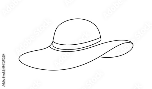 "Summer Straw Hat". Minimalistic one-line drawing lightweight hat with rounded top and extended circular brim,