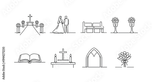 Minimalist Sacred Aisle. "Sacred Aisle Set". Minimalistic set one-line drawing long aisle to altar cross,