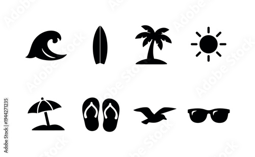 Surf Beach Waves Pattern. Filled icon set of Surf Beach Waves Pattern: surfing wave, surfboard, palm tree, sun