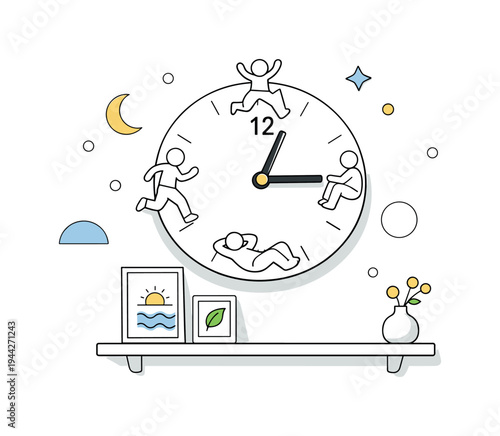 Home interior clock. A stylized wall clock mounted above a simple shelf with framed art and a small vase, soft