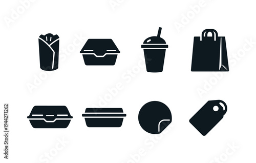 Takeaway Packaging. Filled icon set of Takeaway Packaging: paper wrap, cardboard box, takeaway cup, paper bag,