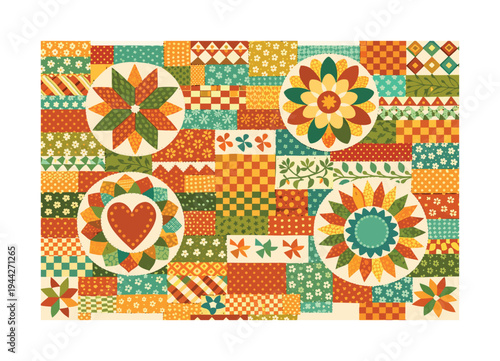 retro folk patchwork layout seamless pattern, repeating pattern, surface design, textile print, large stylized