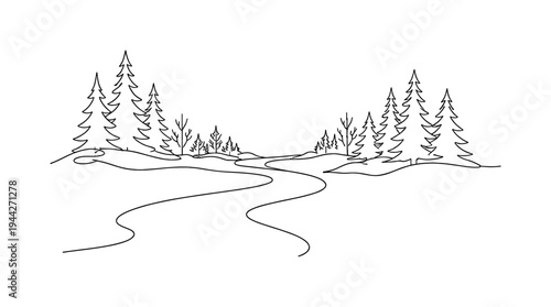 "Forest River Scene". Minimalistic one-line drawing gentle river line winding through minimal tree outlines on