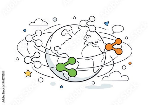 Wallpaper Mural Global sharing network. A stylized globe outline with multiple share symbols orbiting around it, curved lines Torontodigital.ca