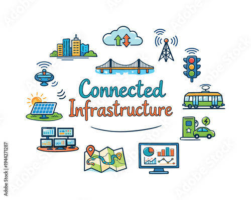 Connected Infrastructure. Hand drawn illustration of Connected Infrastructure. city skyline, bridge, smart