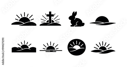 Minimal continuous easter sunrise art. Filled icon set of Minimal continuous easter sunrise art: one line sun