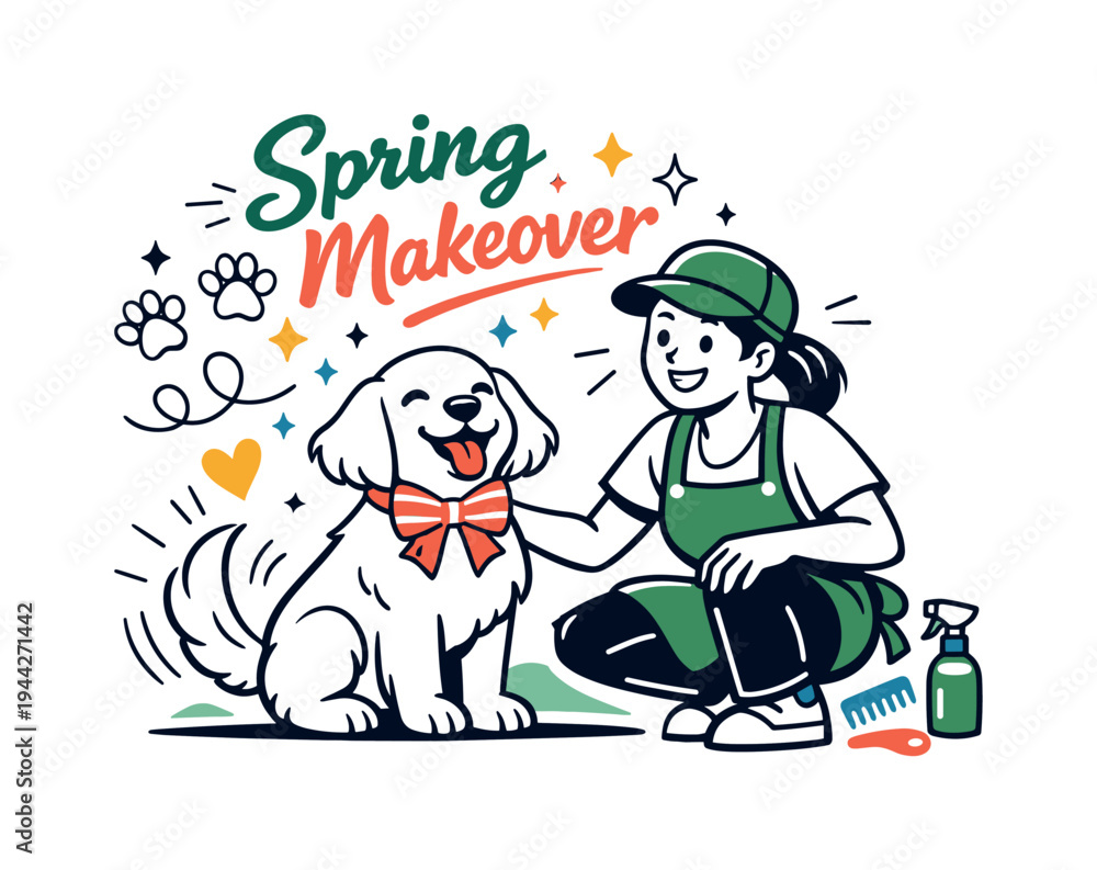 Fototapeta premium Happy Groomed Pet. A freshly groomed dog with a ribbon collar sitting proudly beside the groomer, tail wagging