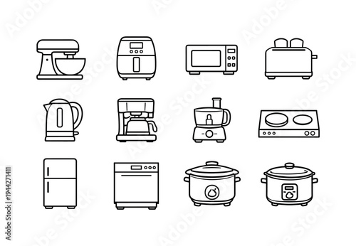 Modern Kitchen Appliances. Line outline icon set of Modern Kitchen Appliances: stand mixer, air fryer,