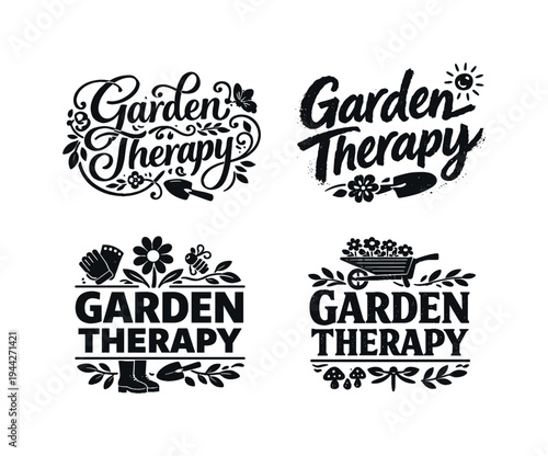 Garden Therapy. Set lettering. 4 harmonious lettering variations of the same emblematic concept, each with