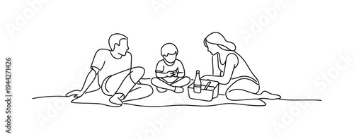 Minimalist Family Picnic. "Summer Picnic Moment". Minimalistic one-line drawing two adults and child relaxing